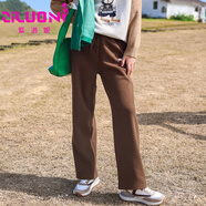 紫洛妮高中生加厚抓絨運動休閑闊腿褲女新款秋冬裝2024初中學生直筒長褲 咖色 S