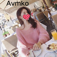 Avmko2023新款很仙的燈籠袖馬海毛毛衣套頭寬松慵懶風(fēng)鏤空甜美上衣女潮 粉色 均碼
