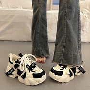 百麗踏歐洲站顯腳小厚底老爹鞋女春夏季炸街增高2025新款輕便休閑運動鞋 米黑 40