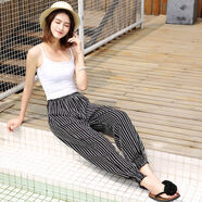 索宛亦（SUOWANYI）女士防蚊褲寬松人造棉綢綿綢褲夏季薄款九分燈籠褲沙灘長(cháng)褲哈倫 黑白直條 XXL碼(適130-145斤168內