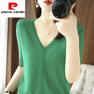 皮爾卡丹（pierre cardin）冰絲短,袖女2025新款夏季韓版修身v領(lǐng)針織衫薄款開(kāi)衫半袖上衣女 中青綠 S