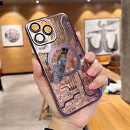 韻寧 磁吸充電3D線路板適用蘋果15promax手機殼電鍍帶鏡頭膜iphone14高級感新款保護殼 磁吸款-【暗夜紫】護鏡電鍍3D線路板硬殼 iPhone15