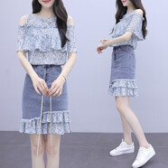 蘇洛琳2025年春天夏季牛仔碎花雪紡套裝女士新款氣質(zhì)女神范衣服連衣裙子 藍(lán)色 M （建議100-110斤）