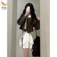 咚憬秋裝女裝2025新款小個(gè)子穿搭套裝法式白色長(cháng)袖連衣裙子小香風(fēng)純欲 咖色皮外套 L