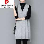 皮爾卡丹（pierre cardin）春秋秋新款套頭馬甲女中長(zhǎng)款寬松胖年輕女士外穿v領(lǐng)針織顯瘦背心