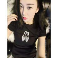 千梵詩(shī)2024春夏新款女裝歐貨棉修身短袖上衣 時(shí)尚高跟鞋鑲鉆T恤潮 黑色 (現貨) S