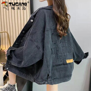啄木鳥(niǎo)牛仔外套女字母刺繡春秋季新款寬松韓版200斤洋氣減齡夾克上衣潮 黑色[款] 2XL 建議146-155斤