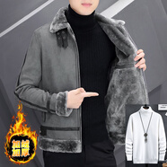 皮爾卡丹（pierre cardin）冬季鹿皮絨外套男短款夾克皮毛一體加絨加厚羊羔毛麂皮夾克機車(chē)服 灰色(白毛衣) M