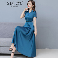SIN.CYC女裝闊太太修身連衣裙長(zhǎng)款夫人裙子韓版氣質(zhì)夏季洋氣遮腹裙子 湖藍(lán)色 2XL