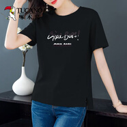 啄木鳥(niǎo)100%純棉短袖t恤女寬松大i碼印花體恤2025夏新款韓版百搭女士上衣 黑色【G字母】 XL (建議130-145斤)