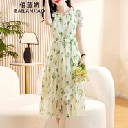 佰藍嬌2025夏季女裝新款高檔氣質(zhì)法式雪紡碎花連衣裙小個(gè)子仙女裙子夏天 米底綠花 L