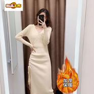 初徑針織連衣裙女2025秋冬港味氣質(zhì)交叉V領(lǐng)系帶修身顯瘦打底毛線裙子 杏色開叉【加厚不加絨適合冬天穿 M【建議95-105斤】