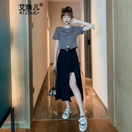 艾珠兒 連衣裙2021夏季新品女裝韓版女神范氣質(zhì)減齡時尚兩件套套裝裙小個子開叉高腰半身裙子休閑套裝女 圖片色 M