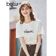 betu百圖女裝春裝新款寬松韓版卡通印花短袖T恤ins潮JD2102T08 白色 S