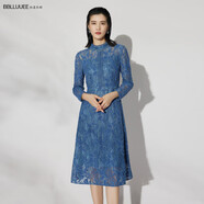 BBLLUUEE粉藍(lán)衣櫥氣質(zhì)精致蕾絲連衣裙女2024秋冬新款打底魚尾裙525L291 霧霾藍(lán) M