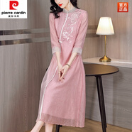 皮爾卡丹（pierre cardin）中年媽I媽歐根紗改良版旗袍連衣裙春裝高端氣質(zhì)日常重工刺繡茶服 粉紅色 3XL