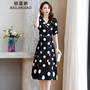 佰藍(lán)嬌 2022夏裝新款夏季女裝時(shí)尚氣質(zhì)波點(diǎn)韓版遮肚子顯瘦印花短袖雪紡連衣裙仙女裙夏天中長(zhǎng)款a字裙子 黑色 L