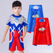 藍貝妮賽羅奧特曼衣服夏季新款男童短袖套裝足球服兒童夏裝男孩超人服裝 賽羅+雙面披風(fēng) 110碼建議身高100CM