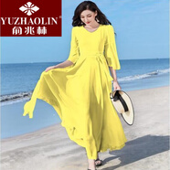 俞兆林（YUZHAOLIN）新品2024雪紡連衣裙女秋氣質收腰顯瘦長款大擺海邊度假沙灘長裙子 黃色 XL