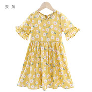 多妙屋女童連衣裙夏裝兒童裙子棉碎花棉綢短袖女孩薄款童裝大童公主裙 姜黃81024 120cm