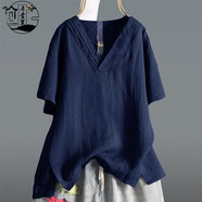 弄堂里洋氣不規則棉麻短袖襯衫夏大碼女裝寬松文藝純色V領(lǐng)薄亞麻T(mén)恤上衣 藍色 2XL 【建議135-150斤】