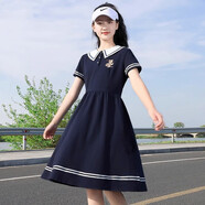 方糖姑娘初中生短袖連衣裙夏裝少女2025日系水手服中長款JK服學(xué)院風(fēng)裙子 66318SC藏青色 XXL