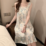 另約帶胸墊睡裙女夏季睡衣2026新款冰絲甜美吊帶背心中長(cháng)裙家居服春秋 1358 藍色小花【可拆卸胸墊】 L