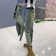君芳雅直筒牛仔褲女春夏2024年新款哈倫褲九分老爹褲子 藍(lán)色 S建議8095斤
