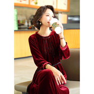 迪芬.璐嘉真絲絨連衣裙女長(cháng)袖高貴洋氣2024年新款桑蠶絲大牌金絲絨高端絲絨 酒紅 L /165（適合85-110斤左右）