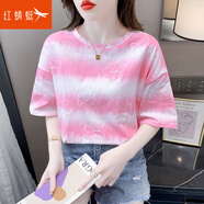 紅蜻蜓（RED DRAGONFLY）時(shí)尚扎染印花純棉短袖T恤女2023夏季新款韓版寬松百搭圓領(lǐng)上衣服 粉紅色 S 建議98斤以下