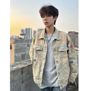 凱普蒂春秋牛仔外套淺藍色朋克風(fēng)牛仔做舊外套男女小眾設計夾克寬松上衣 8956土黃色【新款】 L -