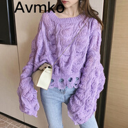潮牌Avmko毛衣2022年春季新款慵懶風(fēng)流蘇鏤空馬海毛毛衣女薄早春寬松性感針織衫 紫羅蘭 均碼 建議80~130斤內穿