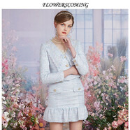 flowerscoming花兒開(kāi)了2024春季新品輕奢小小香風(fēng)短裙女修身包裙木耳邊短裙下裝 天藍 S