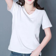 珞妮短袖t恤女顯瘦女裝上衣春夏季新款韓版V領(lǐng)半袖休閑體桖衫 白色 無圖案 XL 建議115-125斤