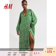 H&M女裝花卉連衣裙夏季海邊度假風(fēng)印花長袖燈籠袖連身裙1239045 綠色/圖案 建議拍小一碼 L 170/104