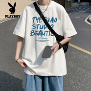 花花公子（PLAYBOY）純棉t恤男生2025新款美式oversize夏季夏天半袖寬松重磅上衣潮牌 白色 【純棉】現(xiàn)貨立發(fā) XL 建議【130斤~150斤】