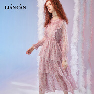 蓮燦秋新商場(chǎng)同款浪漫高收腰顯瘦印花刺繡雪紡長(cháng)袖連衣裙 粉花 S