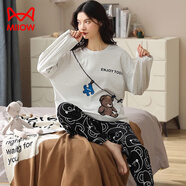 貓人（MiiOW）睡衣女純棉長袖長褲春秋套裝小熊印花全棉可外穿家居服兩件套 灰白色7021 L【建議100-120斤】
