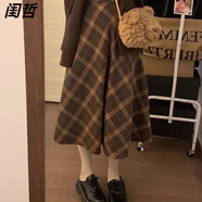 榮西圖（RONGXITU）咖色復古小個子寬松針織開衫秋冬季字中長款格子半身裙兩件套裝 格紋半身裙【單件】 M 關注店鋪+小禮物