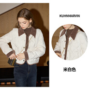 庫恩瑪維（KUHNMARVIN）【90白鴨絨】韓版撞色羽絨服女2024冬季新款方領(lǐng)薄款外套K35312 米白色 S
