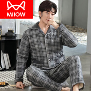 貓人（MiiOW）品牌睡衣男士秋冬款純棉三層夾棉加厚加絨套裝保暖中年家居服超厚 LH9823 3XL 男（180-200斤）
