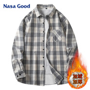 NASA GOOD加絨長(cháng)袖襯衫男秋冬季韓版潮流格子襯衣青年休閑保暖外套 白4XL
