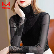 貓人（MiiOW）歐洲站打底衫女網(wǎng)紗洋氣t恤2025年春秋新款氣質(zhì)高領(lǐng)蕾絲亮絲上衣 黑色 M 95-105斤