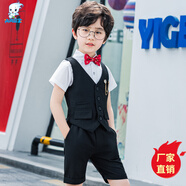 閃閃藍(lán)寶 新款兒童西裝花童禮服男童西服套裝男小西裝主持人服裝演出服正裝鋼琴小孩表演服 黑色短褲四件套（馬甲+襯衫+短褲+領(lǐng)結(jié)） 150cm建議體重58-68斤