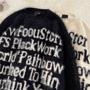 衣然呈品美式潮牌寬松圓領(lǐng)毛衣男字母印花秋冬季情侶線(xiàn)衣慵懶風(fēng)針織衫男裝 黑色 L【建議110-125斤】