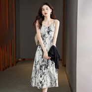 LISL AVE A碎花吊帶裙內搭雪紡背心連衣裙女春夏季新款氣質(zhì)顯瘦中長(cháng)裙子 大理紋（015） L
