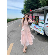 Lcxmnd法式方領(lǐng)甜美溫柔仙女風(fēng)連衣裙女夏季新款女裝收腰顯瘦中長(cháng)款裙子 粉色 M