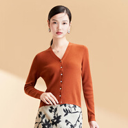 春竹100%綿羊毛早秋簡(jiǎn)約純色通勤優(yōu)雅百搭V領(lǐng)女針織開(kāi)衫女式羊毛衫 紅糖色 M 95CM