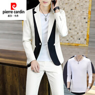 皮爾卡丹（pierre cardin）時(shí)尚春秋季西裝外套男士韓版帥氣潮流拼色款小西服褲子搭配一套裝 8111白色【西服加褲子加T恤】 M 165
