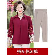 俞兆林（YUZHAOLIN）中老年女裝 媽媽裝中袖上衣中年女士套裝夏裝經(jīng)典款式 FG6513 酒紅紅+卡其褲 XL [建議90-110斤]